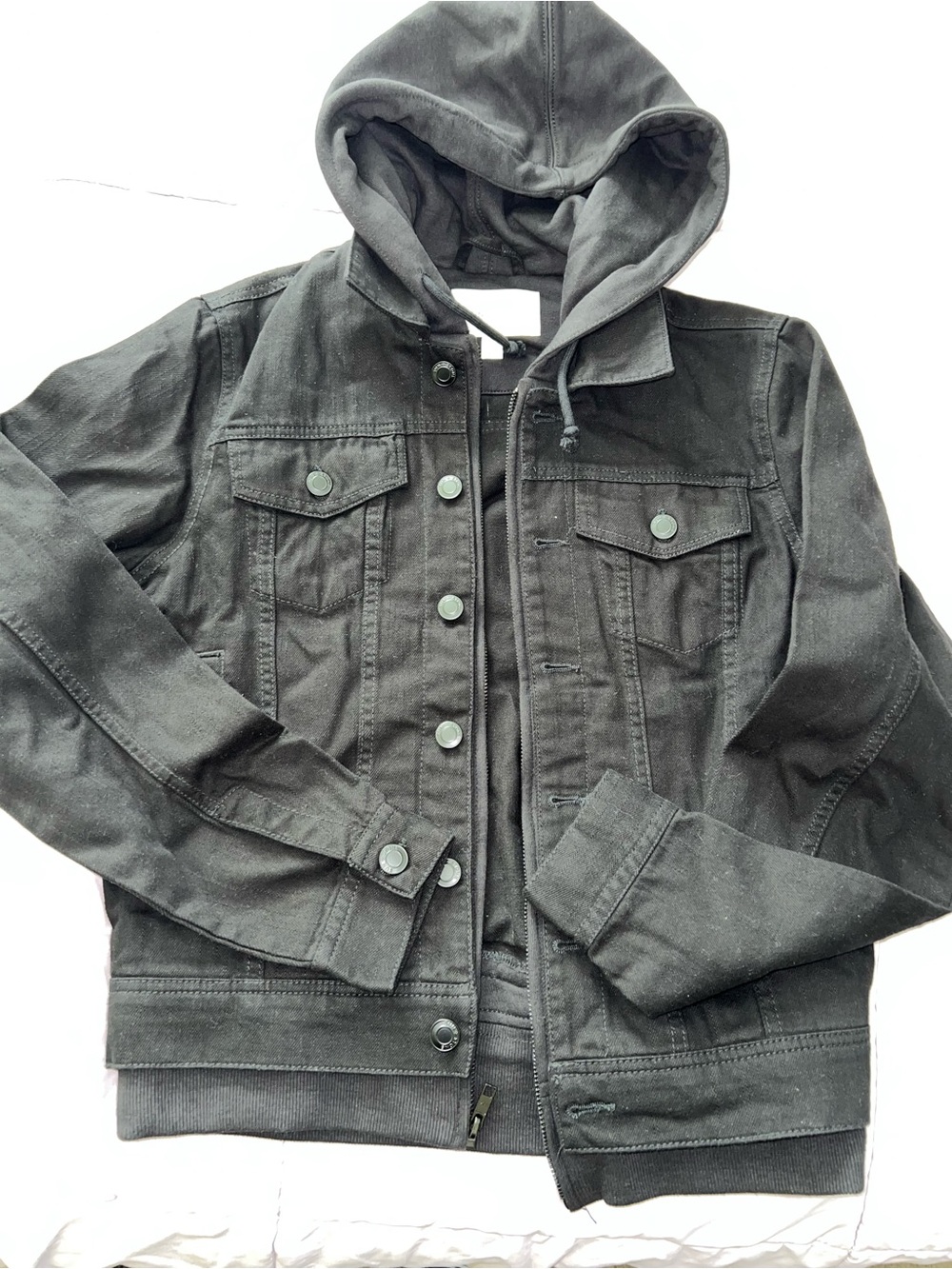 Black hooded jean jacket